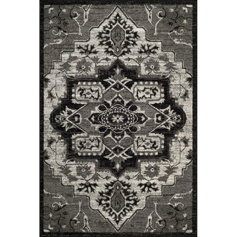Black Traditional Checkered Floral Woven Base Washable Carpet, Rectangle 4'8" x 6'7"