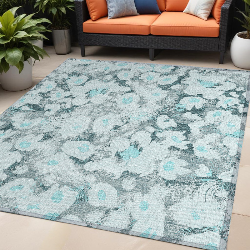 Tapis extérieur lavable antidérapant floral bleu sarcelle 5 pi x 8 pi
