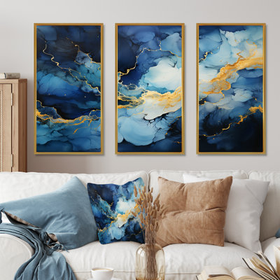 «Blue and Gold Abstract Hurricane - Storms», ensemble de salon d'art mural