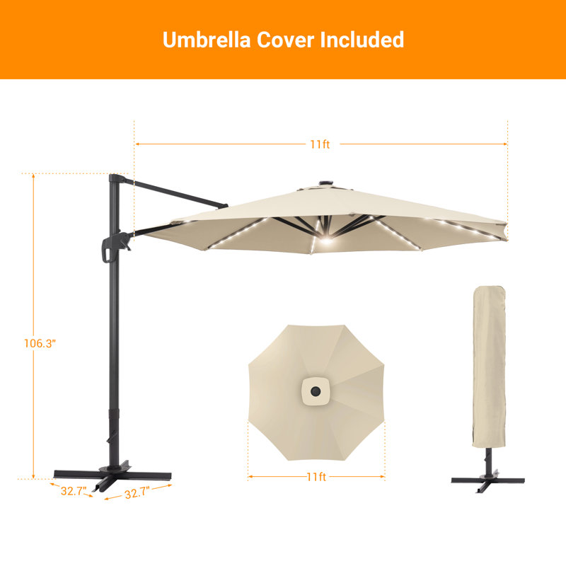 Parasol en porte-à-faux éclairé de 132 po Olufisayo, Beige
