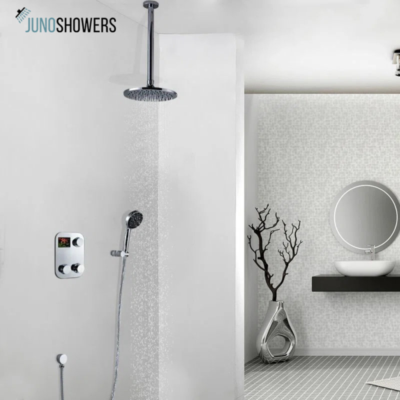 Juno 8"Digital Display Ceiling Mount Brass Chrome Round Shower Head Set with Handheld Shower Head