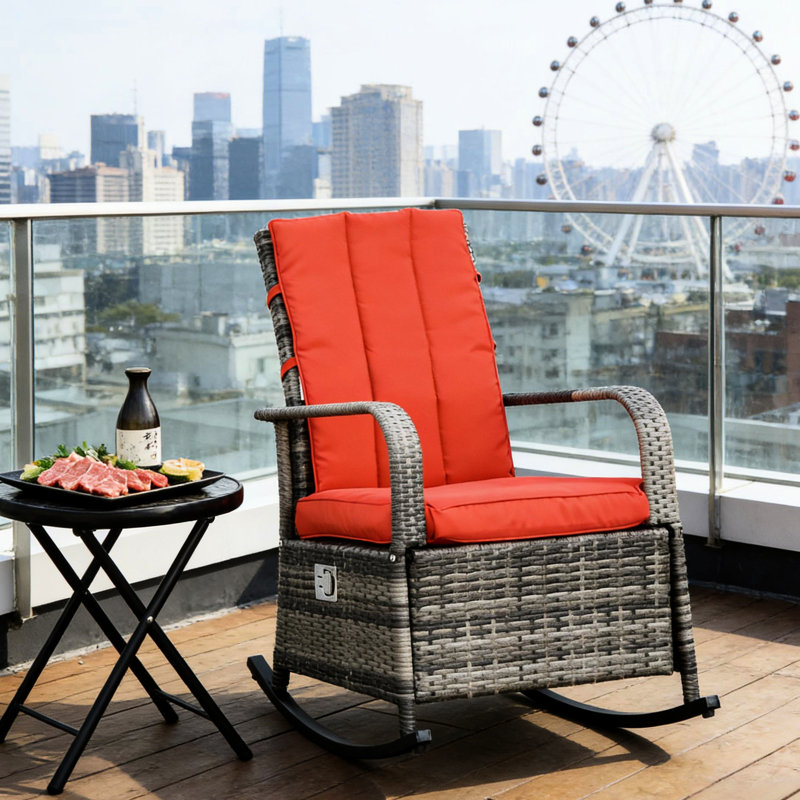 Fauteuil inclinable à bascule d'extérieur avec coussins rouges, repose-pieds inclinable, housse amovible zippée, structure en acier, design antidérapant, résistant aux intempéries