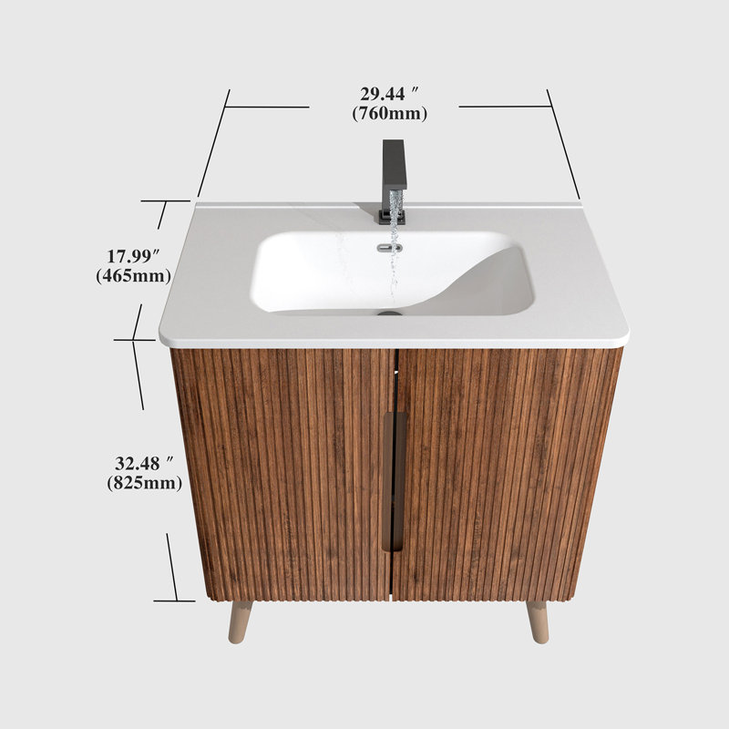 Meuble-lavabo de salle de bain 30 po - Noyer rayé, conception moderne, bords arrondis, charnières à fermeture en douceur, porte réfléchie, texture de noyer autoportante et murale, style, pour avec lavabo,