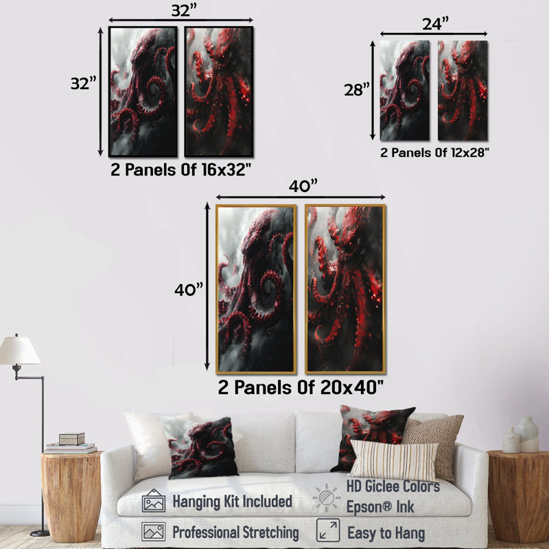 Ensemble de 2 pièces d'art mural rouge et gris Kraken Mythical Creature I - Mythical Creatures, H 40 po x l 40 po