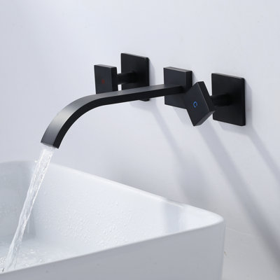 Robinet de salle de bain mural à deux poignées avec bec cascade en laiton massif