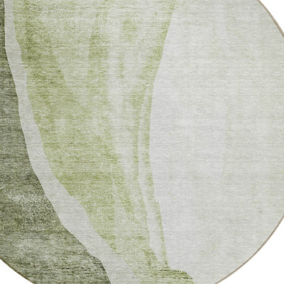 8' Olive Green And Beige Round Abstract Washable Indoor Outdoor Area Rug