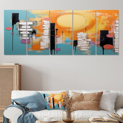 Colorful Orange And Blue Play Forms I - Abstract Geometric 5 Piece Wall Art Decor Set