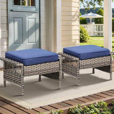 Extérieur pour 2 personnes, repose-pieds gris pour patio avec coussins bleus pour terrasse, coussins confortables en mousse haute densité de 3,5 po d'épaisseur, structure en acier thermolaqué rouille, résistant aux intempéries et à la décoloration