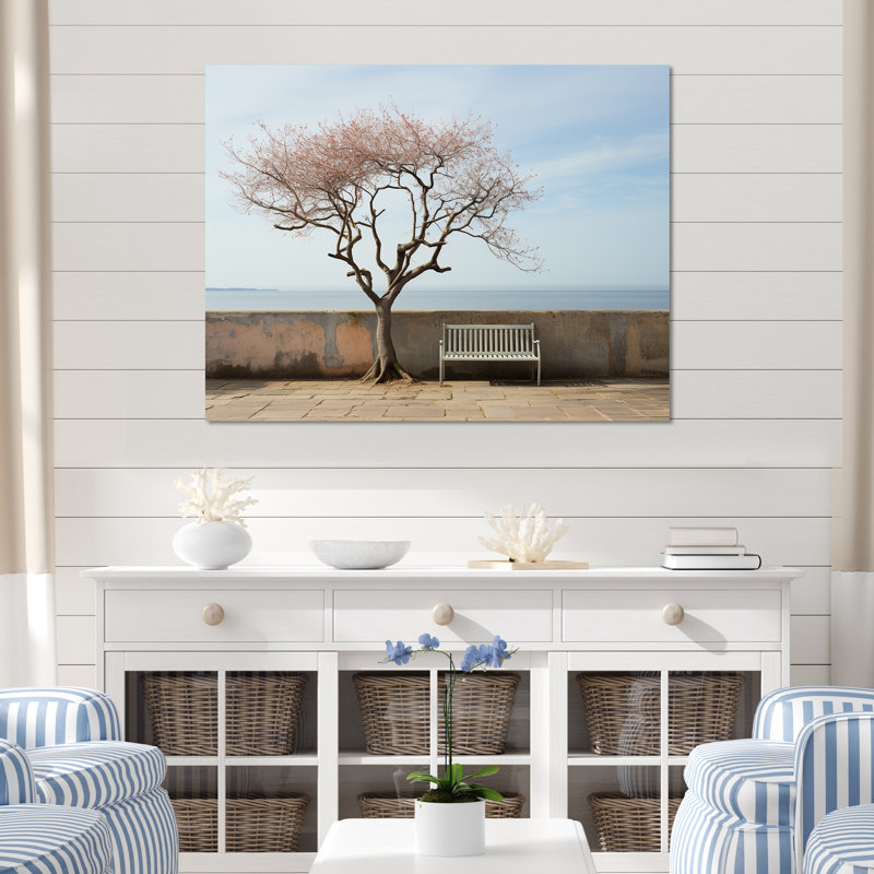 «Solitude Bench At The Beach» - art mural toile plage et océan, H 16 po x l 32 po x P 1 po, Toile tendue