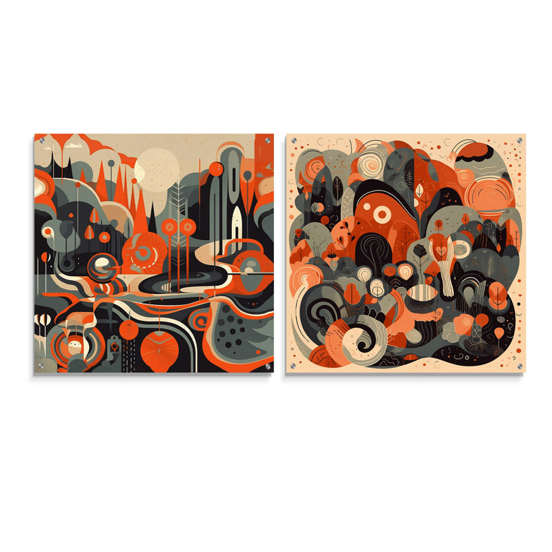 «Evolving Abstractions I» - Ensemble de 2 verres muraux abstraits en acrylique Mid-Century, H 36 po x l 73 po