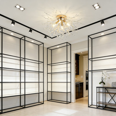 Luminaire de lustre moderne en cristal Spoutnik moderne, design de feu d'artifice semi-encastré 4 lumières avec accents dorés pour la chambre à coucher, la cuisine, le couloir et le vestibule