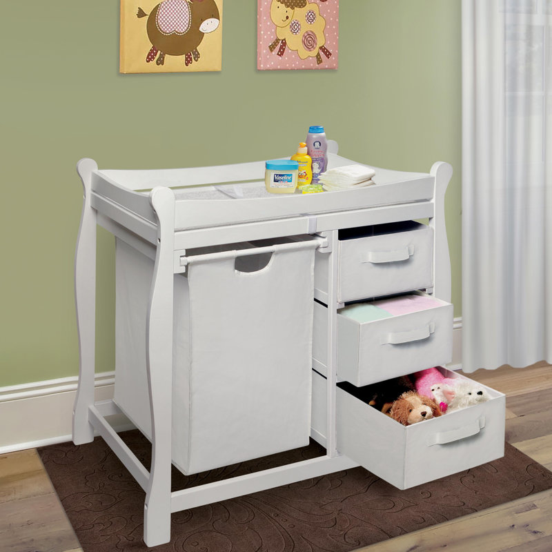 Degraff Deluxe Sleigh Style Changing Table with Pad, 3 Baskets and Hamper, White