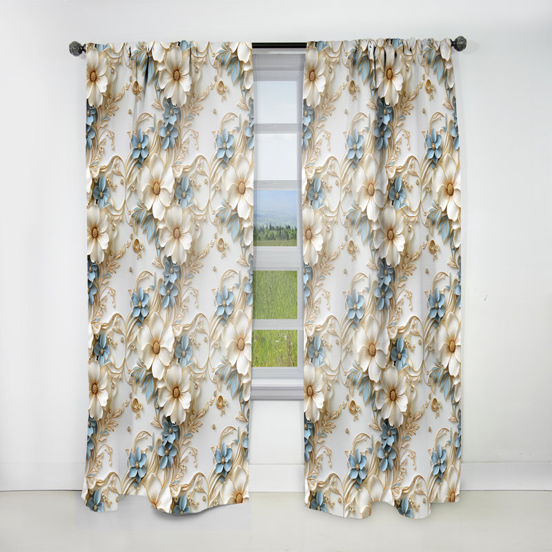 Or blanc et fleurs bleues élégantes I - Rideau glamour - Velours obscurcissant - 1 panneau, L 52 po x L 95 po