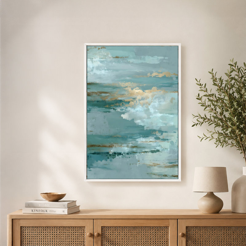 Toile abstraite sarcelle texturée or avec cadre flottant, bleu sarcelle, prête à être accrochée, 20 x 30 po, Beige