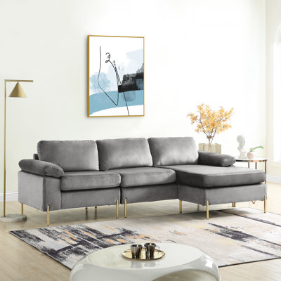 En L, velours gris, avec méridienne, pieds en métal, accoudoirs, coussins amovibles, rembourrage en mousse, canapé modulaire pour la détente intérieure, sièges confortables