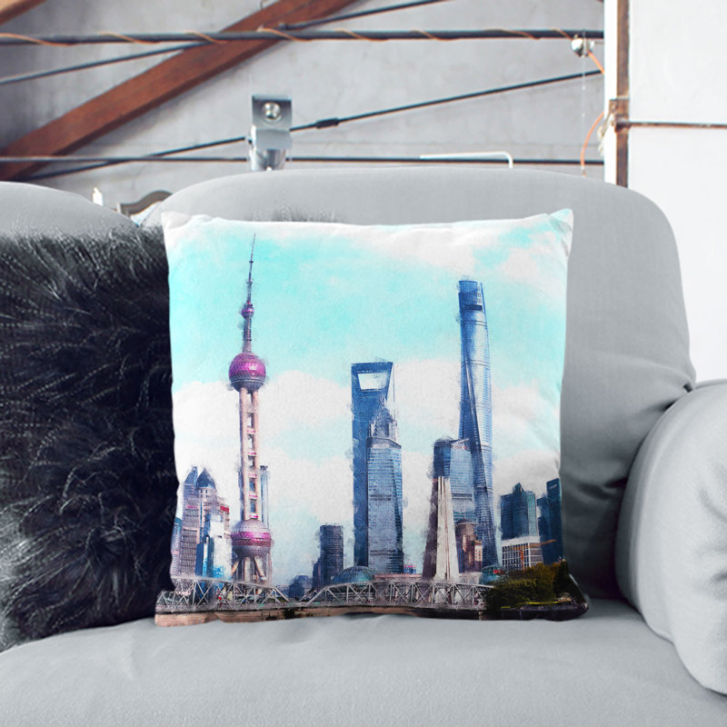 Shanghai Skyline Reflection Cushion with Filling, 55cm H x 55cm W x 20cm D