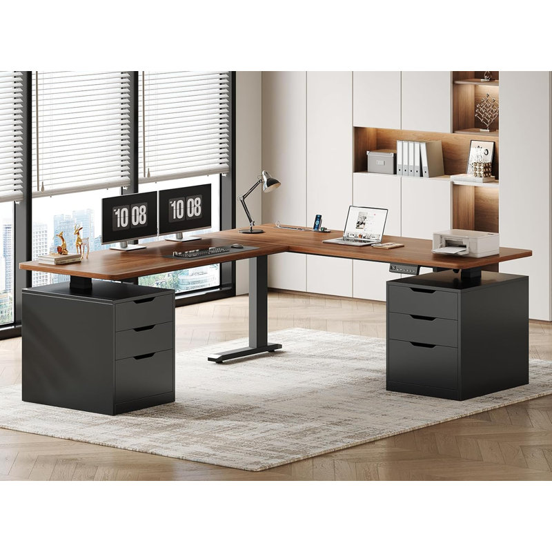 66.9" x 57.1" Office Desk Electric Standing Desk with 6 Drawers Brown + Black, Brown/Black