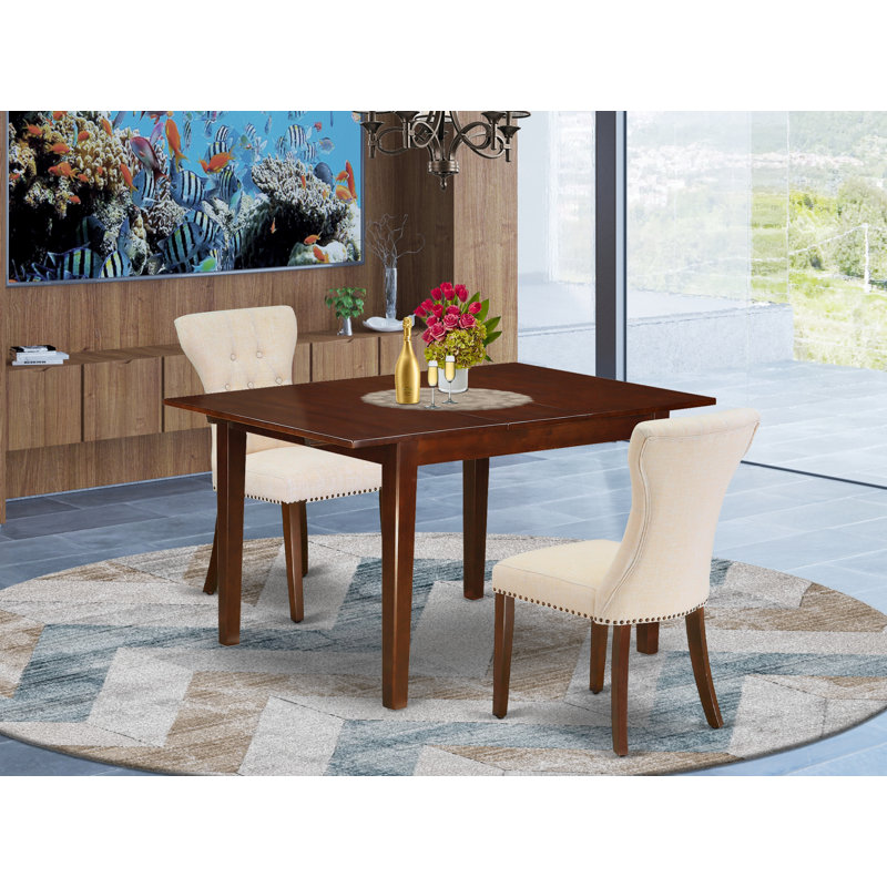 3 Piece Dining Room Table Set Contains a Rectangle Kitchen Table with Butterfly Leaf and 2 Light Beige Linen Fabric Parson Chairs, Mahogany