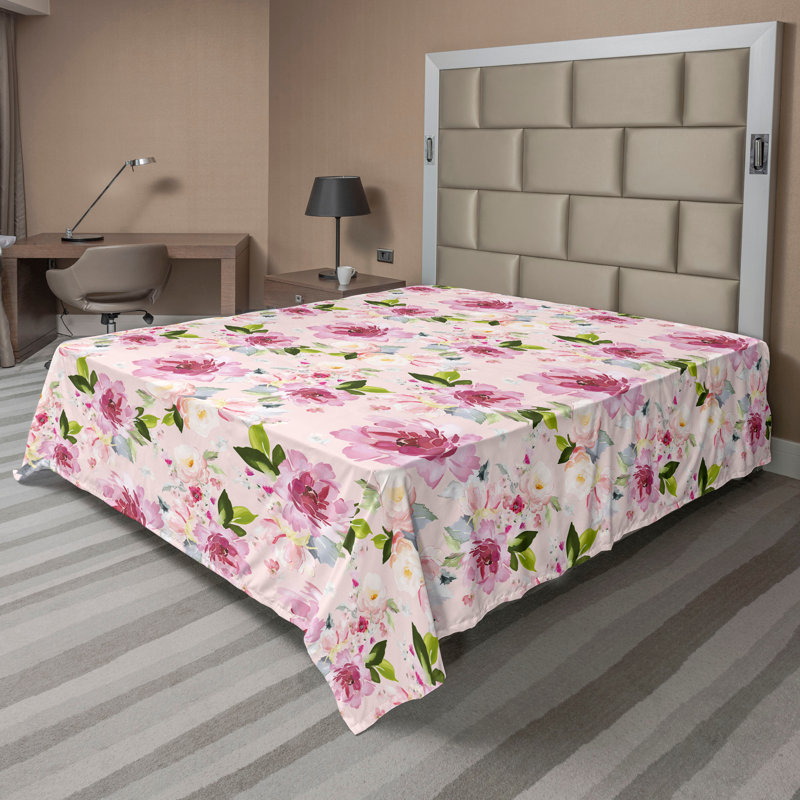 Ambesonne Flowers Flat Sheet Nostalgia Farmhouse, Blush Apple Green Ivory