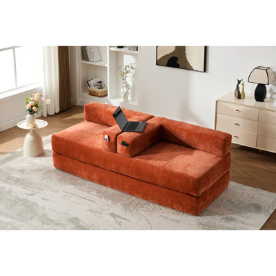 Lit pliant avec coussins, canapé convertible en chenille orange, 3 places, capacité de poids de 600 lb pour le salon, le dortoir, la housse amovible pour appartement d'amis, la conception à fermeture à glissière, le rangement latéral et la glissade