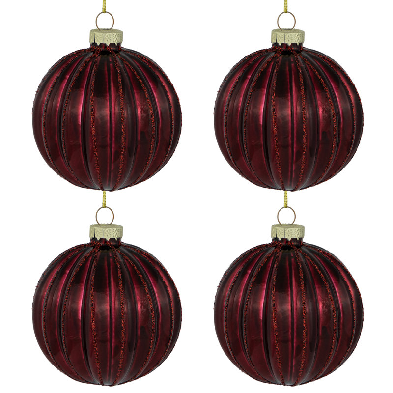 3'' Striped Glass Ball Ornament, Maroon