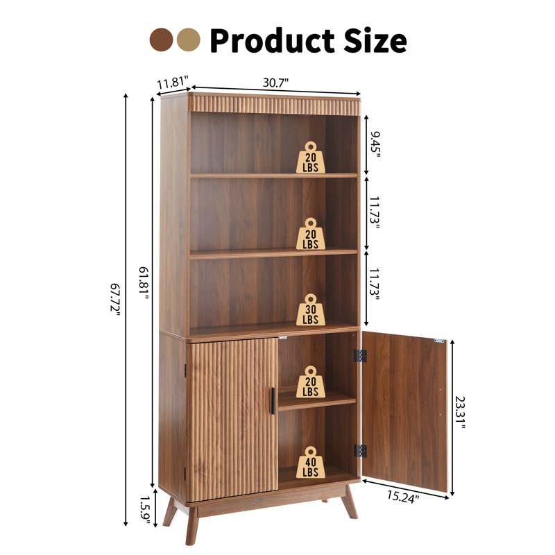 Bibliothèque de rangement de 68 po de hauteur avec armoire, Noyer