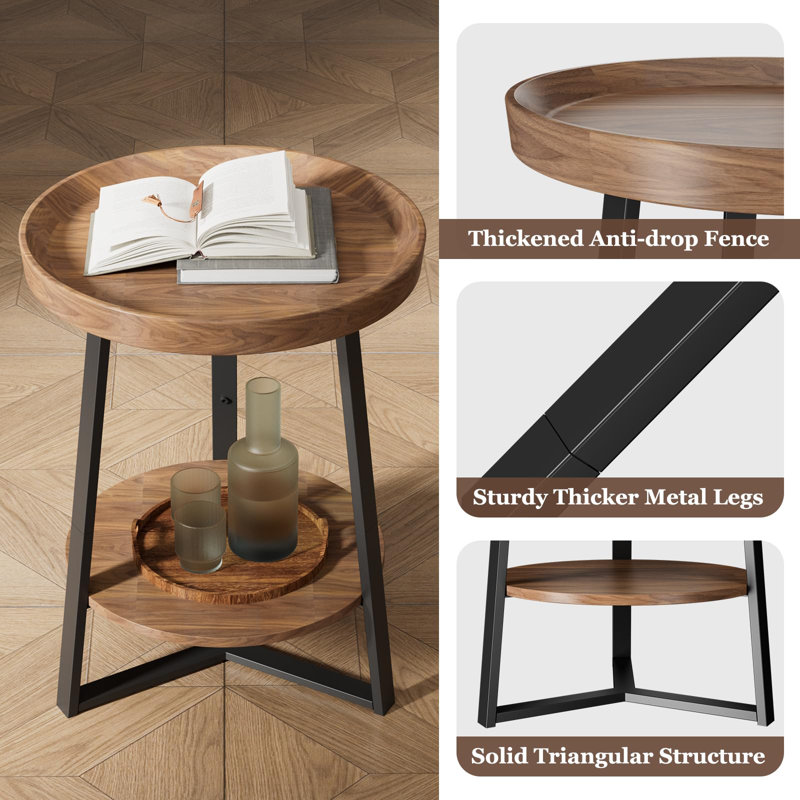 Brown Round Wood and Metal End Table with Storage Shelf