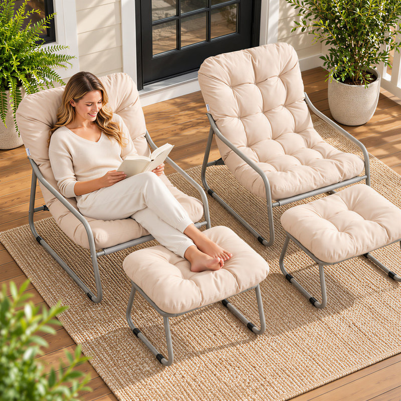 Méridienne de patio avec repose-pieds, ensemble de 2 fauteuils d'extérieur avec coussins épais, Beige