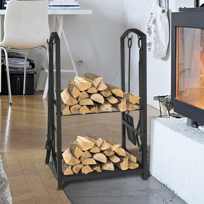 Porte-bûches en bois de chauffage Porte-bûches en fer forgé noir Support de rangement pour bois de chauffage