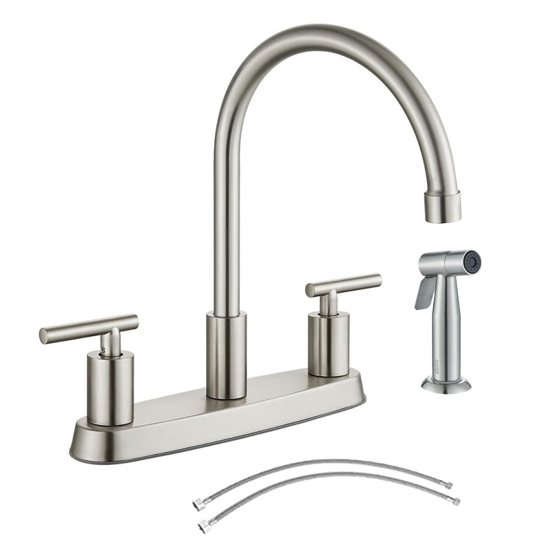 Robinet de cuisine 2 poignées 3 trous nickel brossé avec douchette rotative