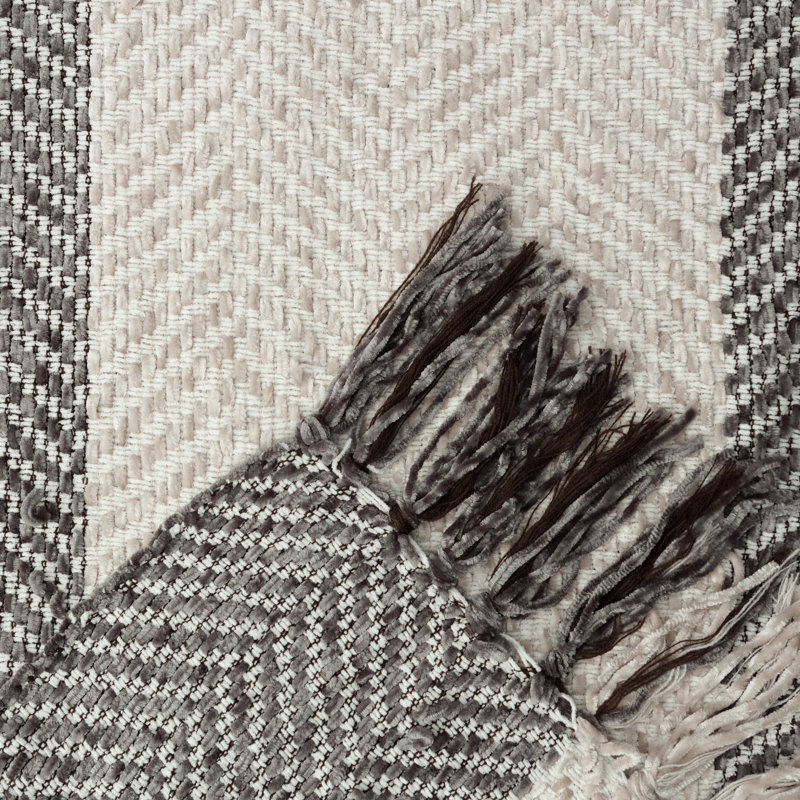 Taupe and Cream Knitted Chenille Throw Blanket with Fringe