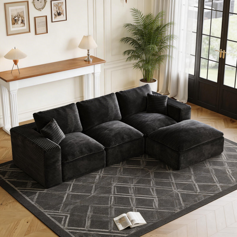 Canapé modulaire 108 po Cloud, canapé en velours côtelé désossé avec assise profonde, aucun assemblage requis, Noir