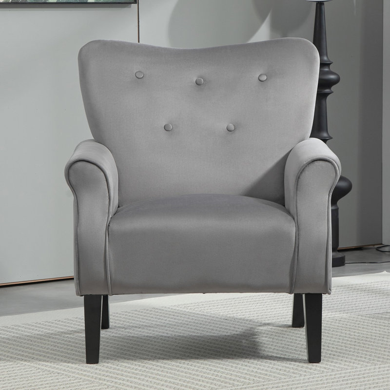 Fauteuil rembourré moderne avec pieds en bois et dossier à oreilles, Polyester gris