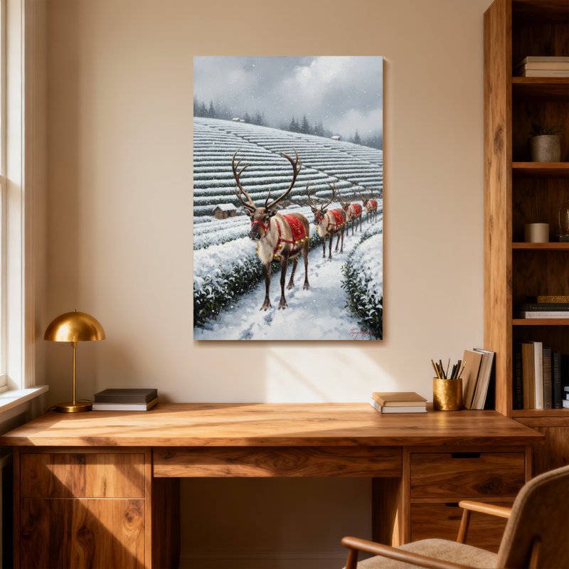 Animaux, équipe de rennes, scène de Noël champ enneigé, H 48 po x l 32 po