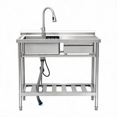 Évier utilitaire autoportant de 99 cm (39 pouces) en acier inoxydable argenté avec robinet extractible et tablette de rangement