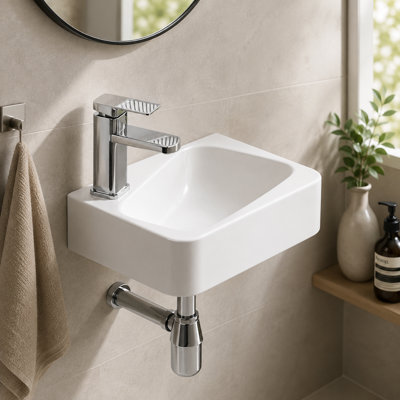 Lavabo de salle de bain mural rectangulaire en porcelaine blanche 14 x 10 pouces, petit lavabo de salle de bain avec robinet et bonde inclus pour la salle d'eau