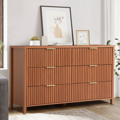 6 Drawer Dresser with Fluted Panel, Wide Chest of Drawers, Curved Wooden Dresser for Closet with Metal Wide Handles, Storage Dresser Organizer by Ebern Designs