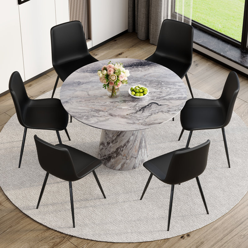 45'' Round Dining Table Set With 4/6 Upholstered Chairs, 7 Pieces: Table, 6 Chairs, Black