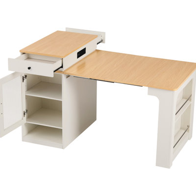 Extendable Kitchen Island, 59.5" In Length, Double - Sided Cabinet Storage, 2 Drawers, Power Outlet, Side Open Shelves, White, 10.2 26 41.8" Extension, Metal Locking, Mobile , For And Dining Room