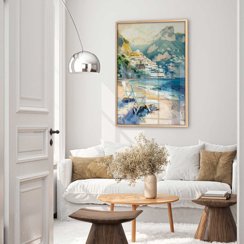 «Positano Beachfront Idyll», impression encadrée sur papier par Azure Artisanal Studio, Érable brut