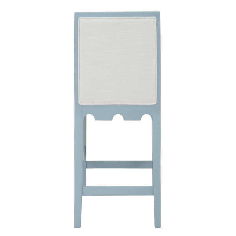 Square Back Counter Stool with Decorative Apron with Performance White Linen Upholstery, Matte Light Blue