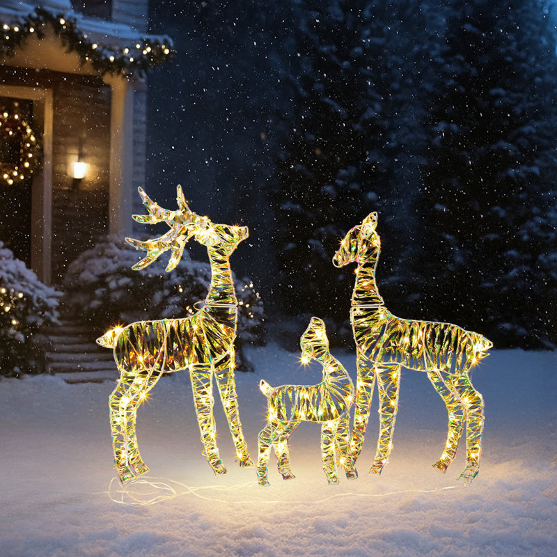 Ensemble de 3 décorations de cour d'élan familial de 2 pi de 2,4 pi, 110 lumières, 4,5 V 3,6 W, structure en fer robuste et plastique, décoration de Noël intérieure / extérieure