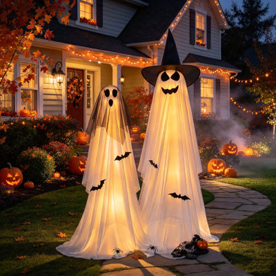 Ensemble de 2 décorations d'Halloween fantôme illuminées, idéales pour la décoration intérieure, de porche, de jardin, de jardin et de fête