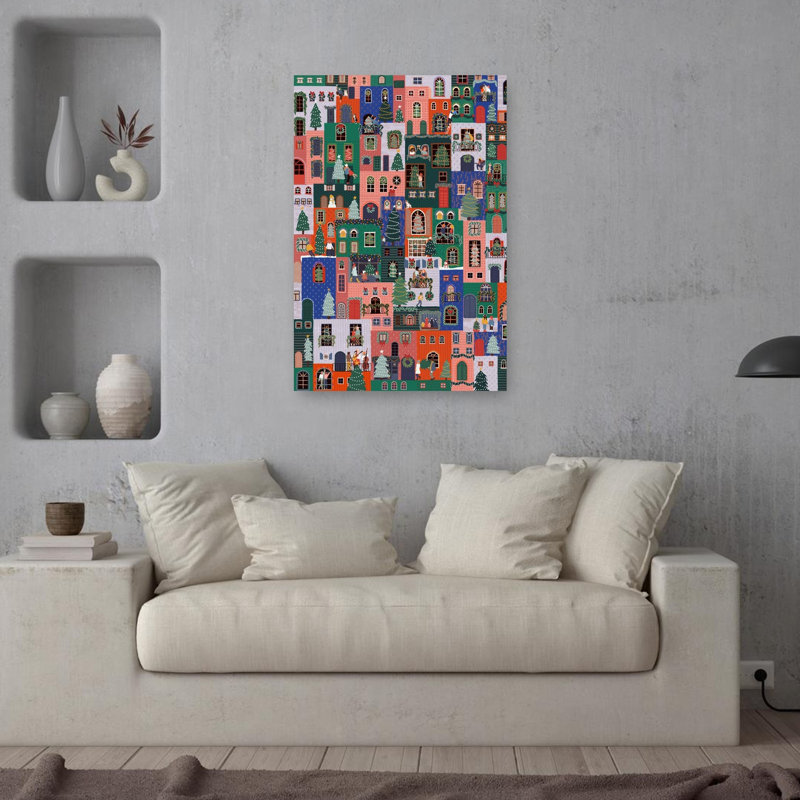 Festive Christmas Town Abstract Contemporary Winter Landscape Wall Art Print 1 Piece Wrapped Canvas Wall Art