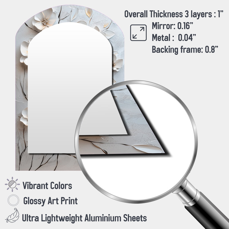White Blooming Lilac Melody III - Petunias Asymmetrical Mirror, White Arch Unique Wall Mirror, Printed Metal Art, 43" x 33"