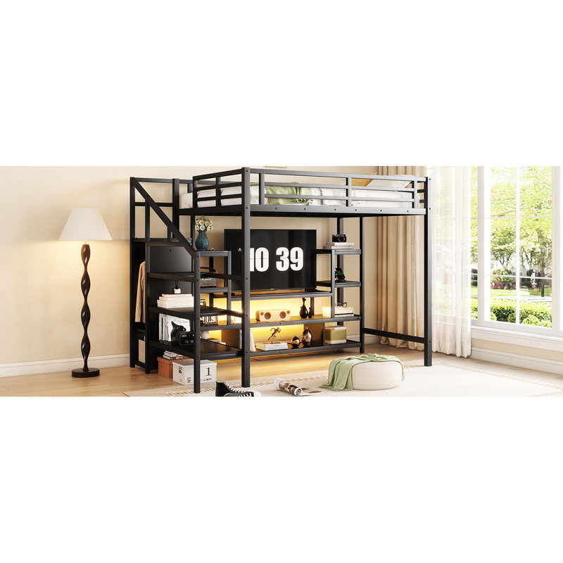 Lit mezzanine en métal avec meuble télé et design ergonomique - mobilier de chambre noir élégant, Noir