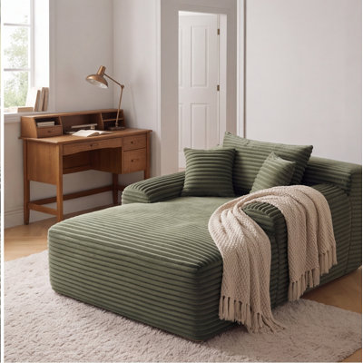 Convertible Chaise Lounge Chair, Plush Boneless Sleeper Sofa with Wide Armrest & Throw Pillows, Upholstered in Striped Corduroy, Green, No Assembly Required