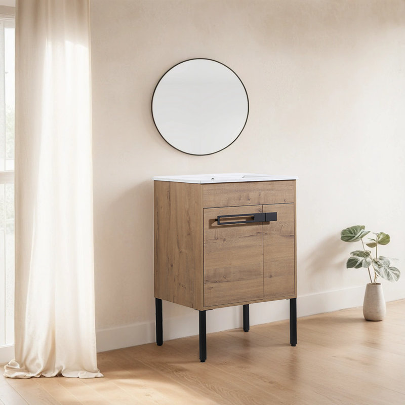 Meuble-lavabo simple 24 po avec lavabo en céramique, Chêne