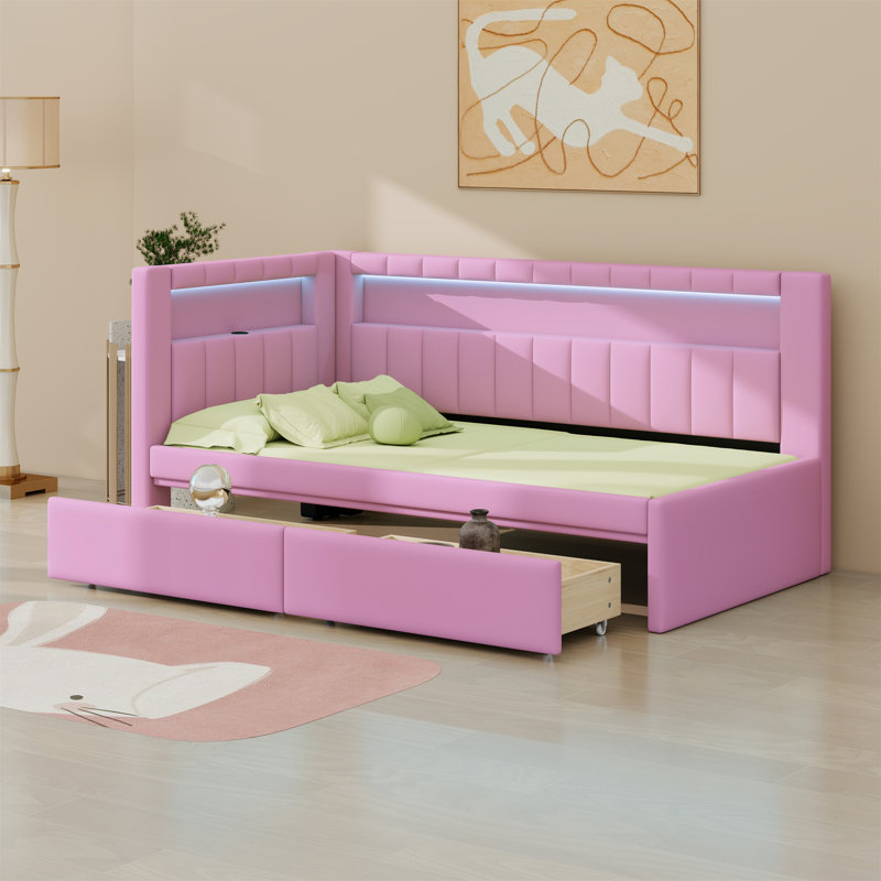 Lit plateforme tapissier avec ports USB et ceinture à DEL, avec 2 tiroirs, Rose
