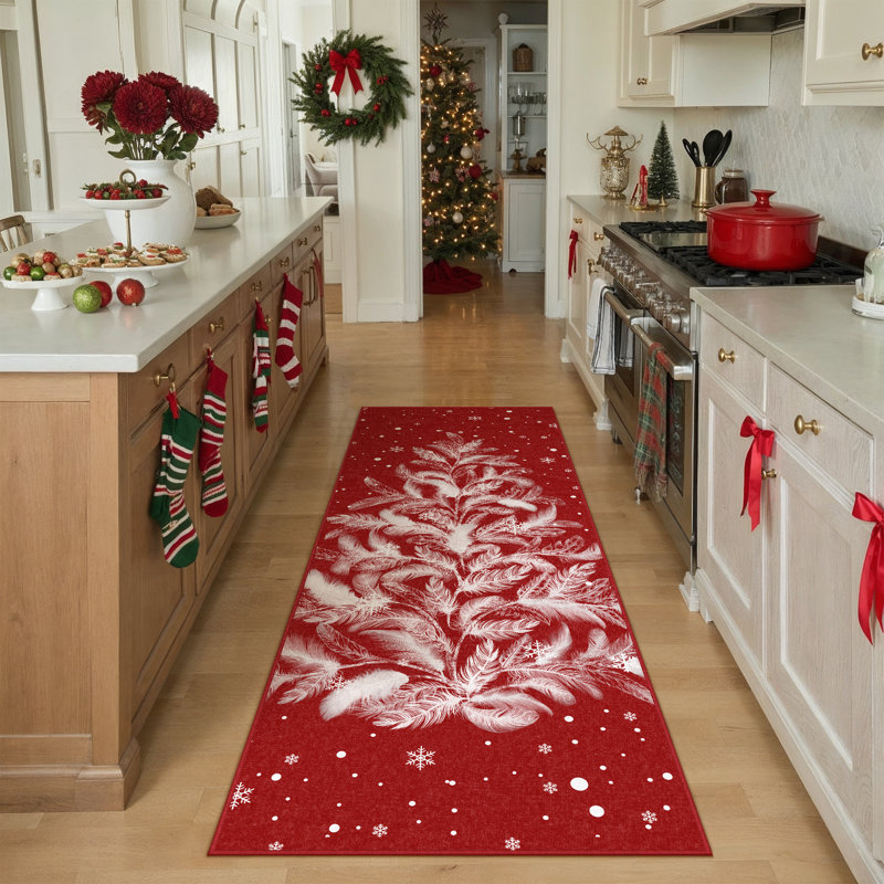 Tapis d'intérieur lavable à la machine Velora Red Feather Christmas Tree avec envers antidérapant